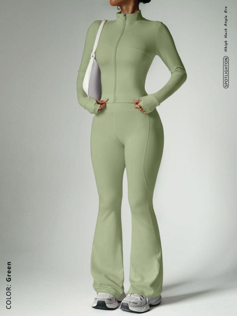 Fitness suit women's zipper long sleeved jacket yoga tight pants micro flared pants