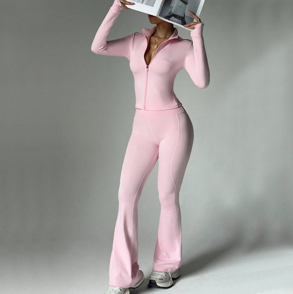 Fitness suit women's zipper long sleeved jacket yoga tight pants micro flared pants