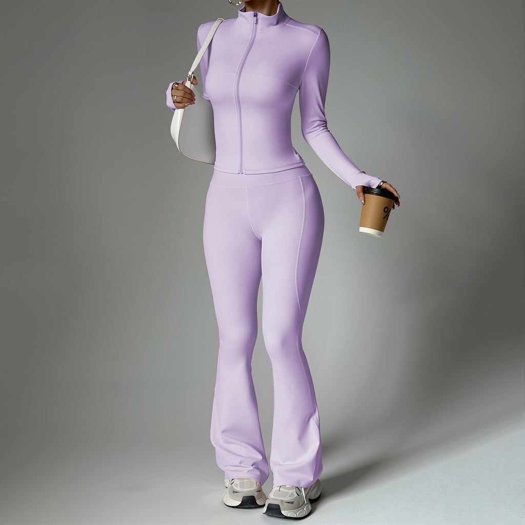Fitness suit women's zipper long sleeved jacket yoga tight pants micro flared pants