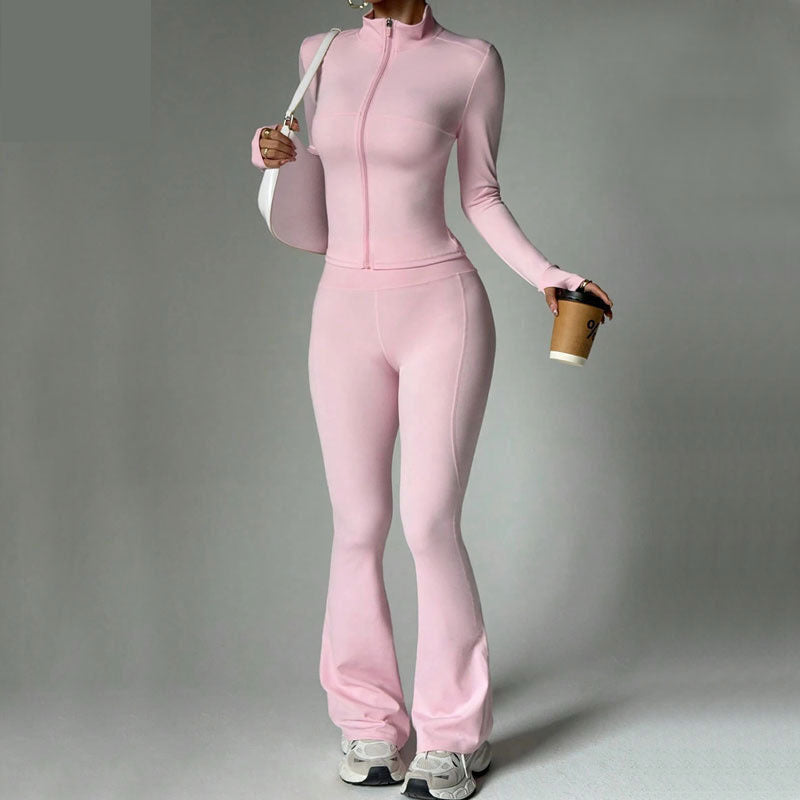 Fitness suit women's zipper long sleeved jacket yoga tight pants micro flared pants