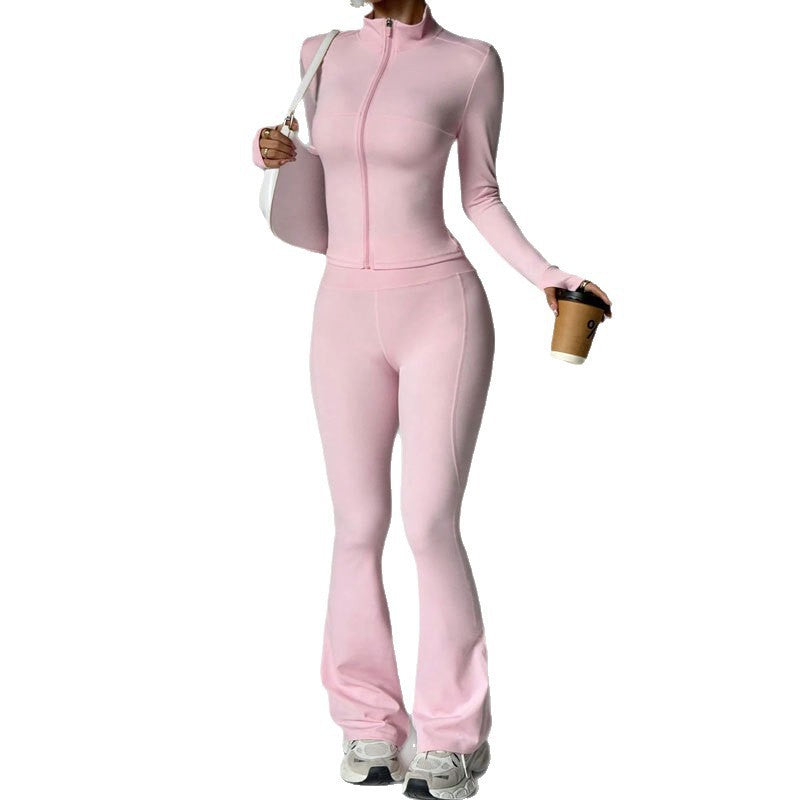 Fitness suit women's zipper long sleeved jacket yoga tight pants micro flared pants