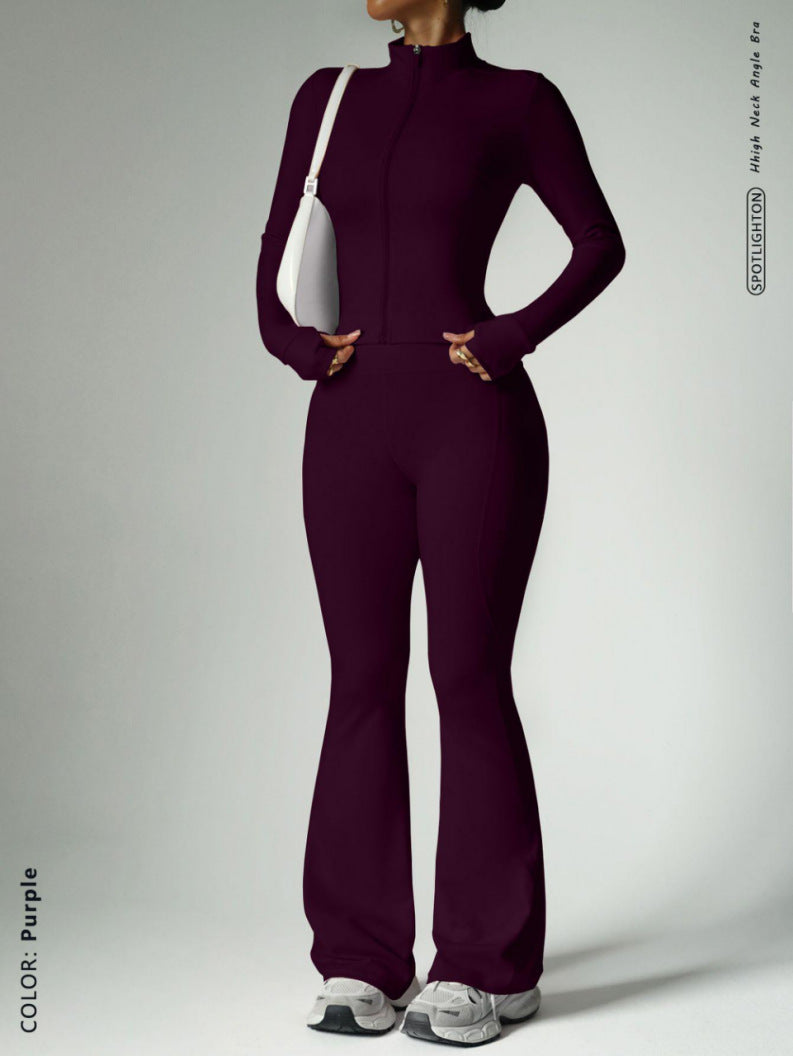 Fitness suit women's zipper long sleeved jacket yoga tight pants micro flared pants